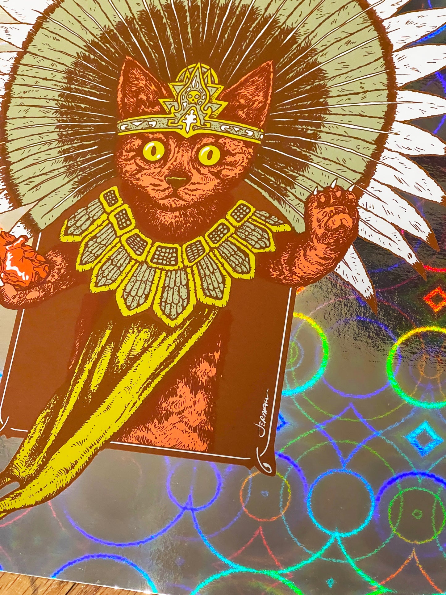 - 'Gatito Sacerdote Azteca' (Aztec Kitty) Mini Art Print (Circle Foil Variant) -