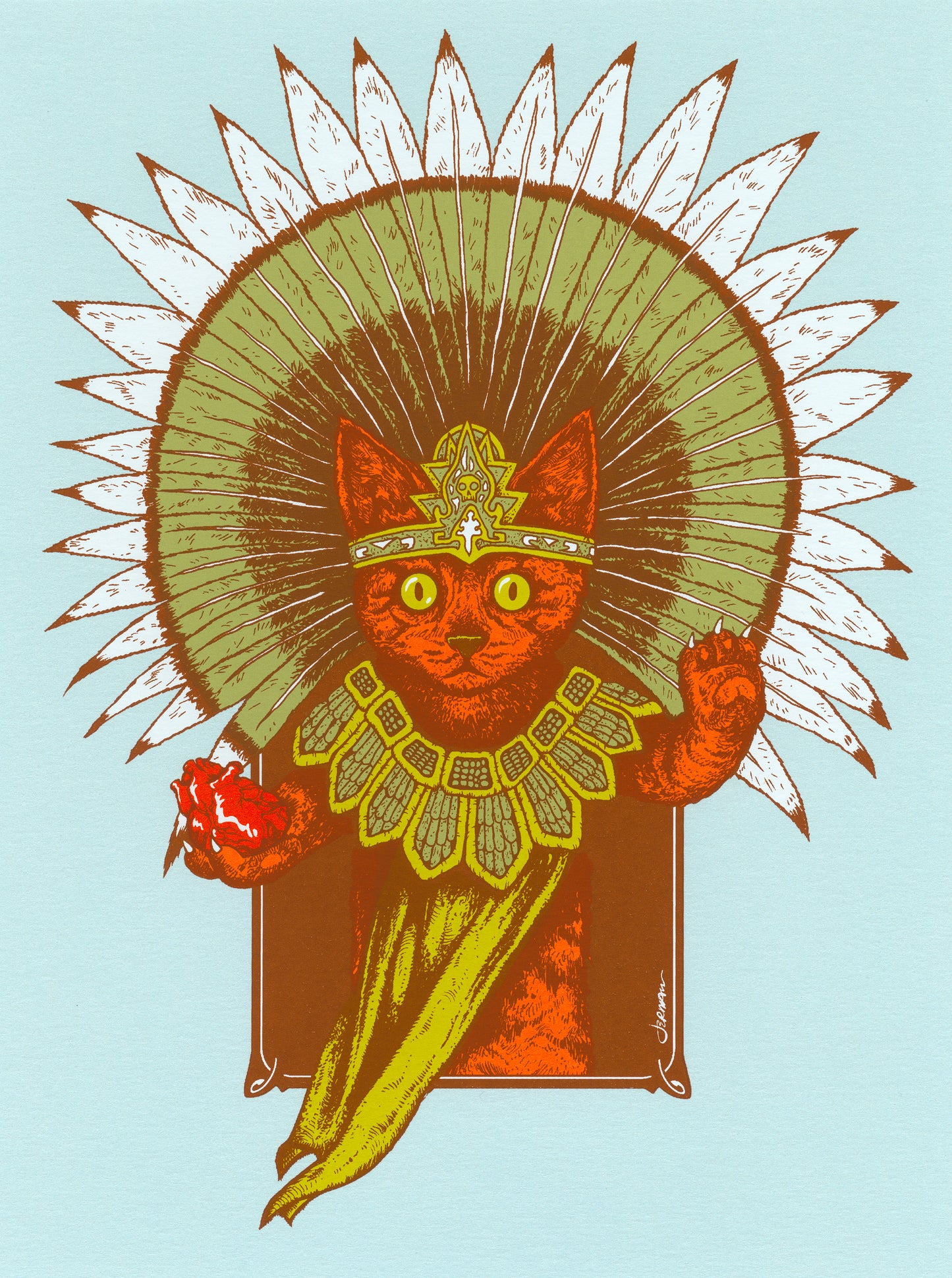 - 'Gatito Sacerdote Azteca' (Aztec Kitty) Mini Art Print (Stardream SKY BLUE Variant) -