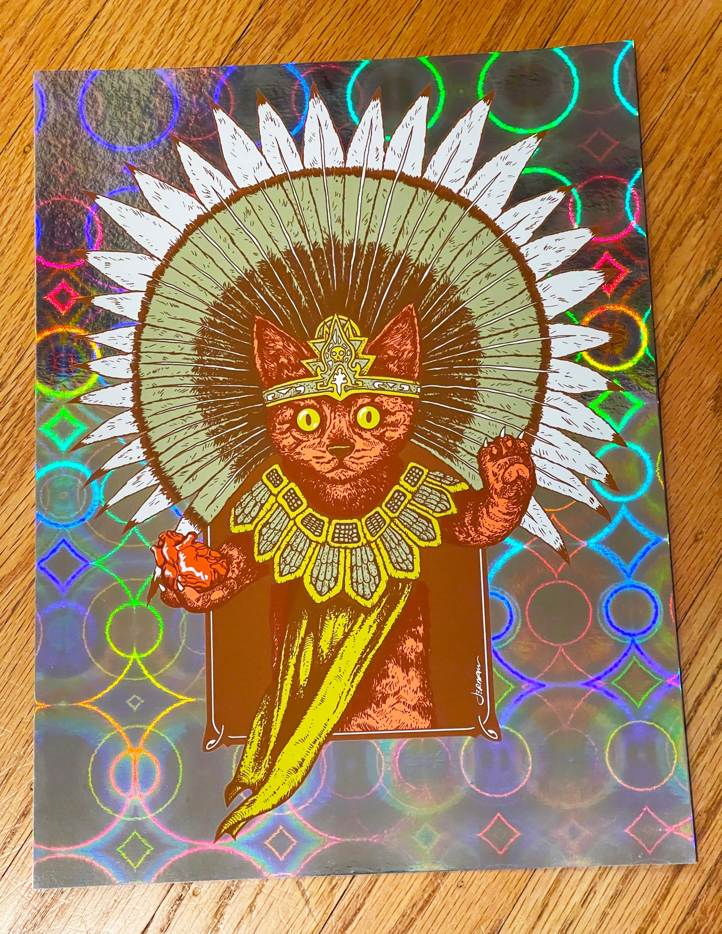 - 'Gatito Sacerdote Azteca' (Aztec Kitty) Mini Art Print (Circle Foil Variant) -