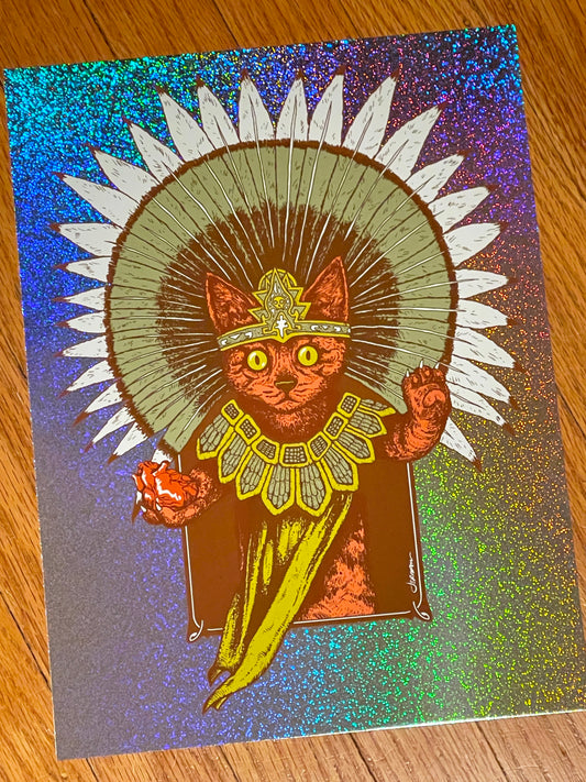 - 'Gatito Sacerdote Azteca' (Aztec Kitty) Mini Art Print (SPARKLE FOIL Variant) -