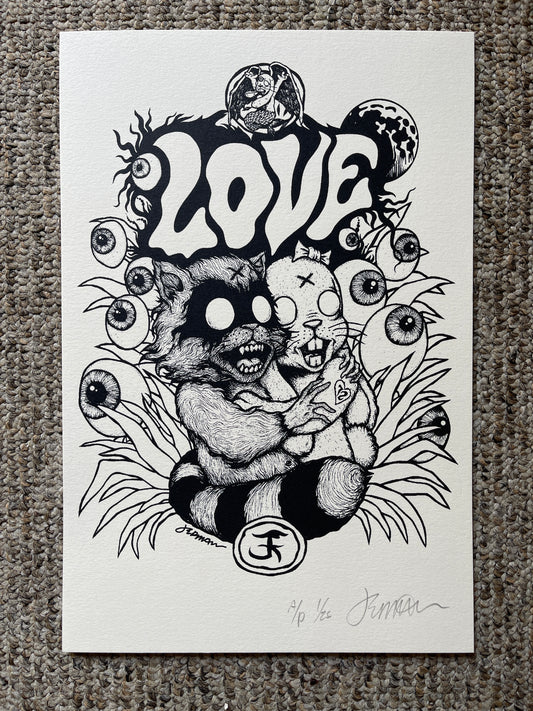 'Love' (Bunny/Raccoon) Gallery KEYLINE Mini Art Print -